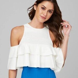 bebe White Ivory Cold-Shoulder Lace Detail Ruffle Blouse Top